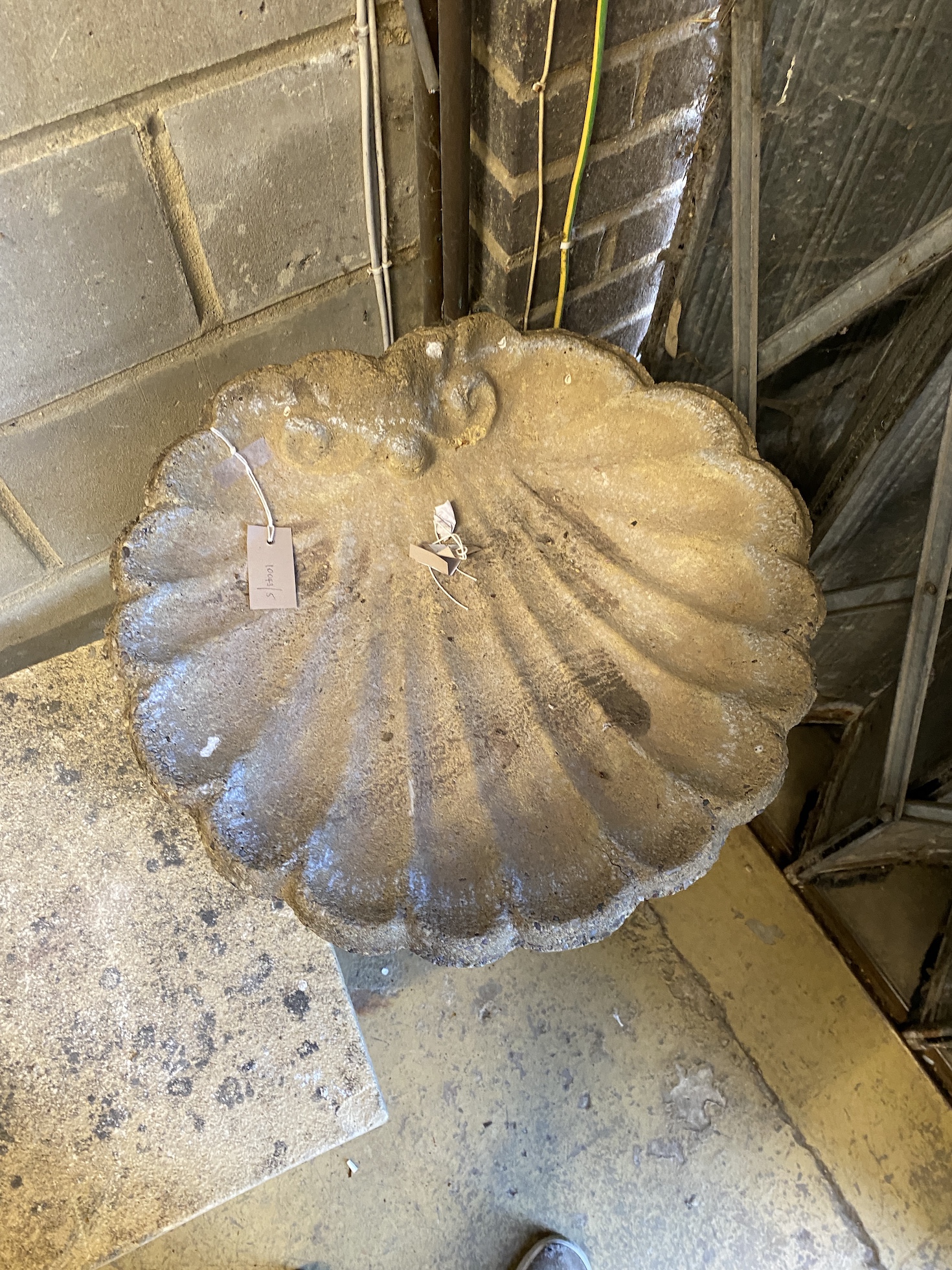 A reconstituted stone scallop shell bird bath, width 52cm, height 76cm